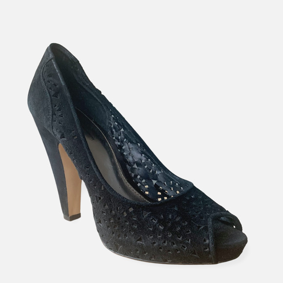 INC INT'L CONCEPTS Suede Peep Toe Heels Pumps Cocktail Work Perforated Black 8.5 - Picture 1 of 9